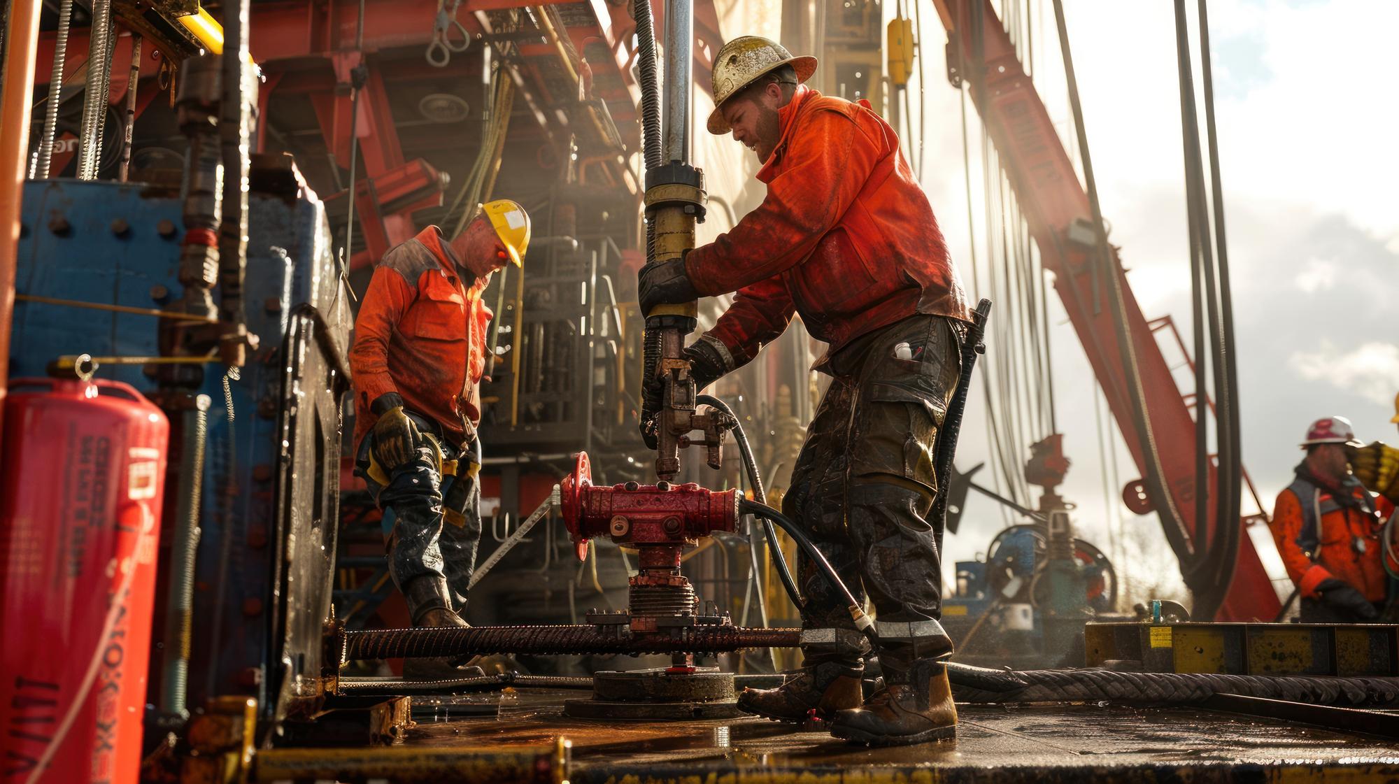 Wide shot of drilling rig deck with crew working